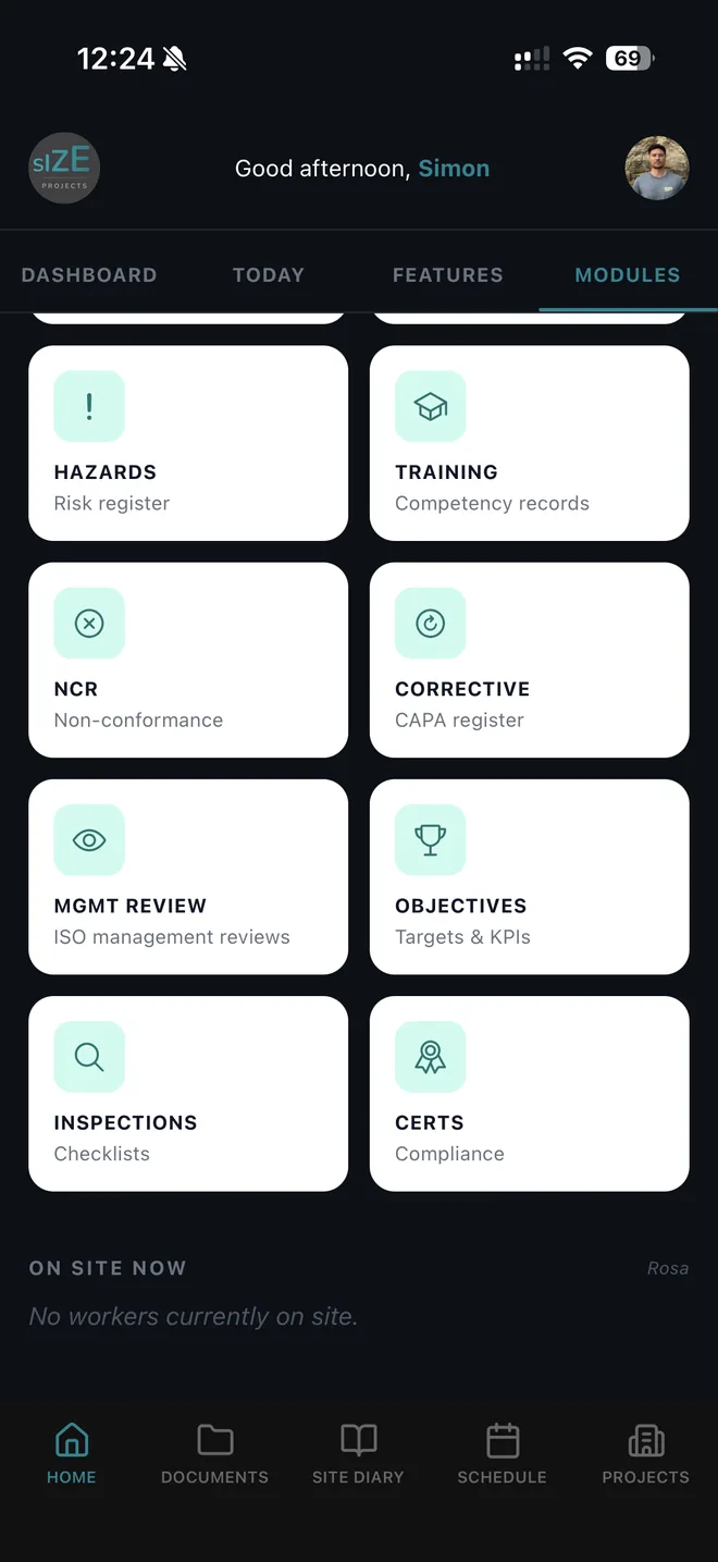 Forgebase compliance modules including Hazards, NCR, Training and Inspections
