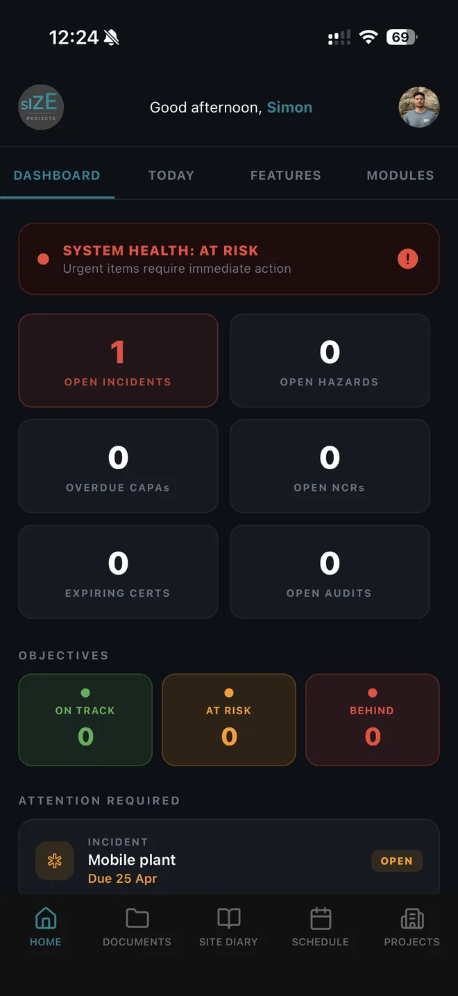 Forgebase dashboard showing system health, open incidents and objectives