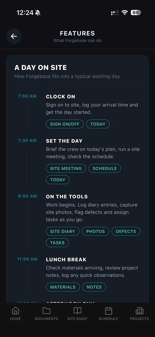 A Day on Site screen in Forgebase, stepping through a working day from clock on to knock off