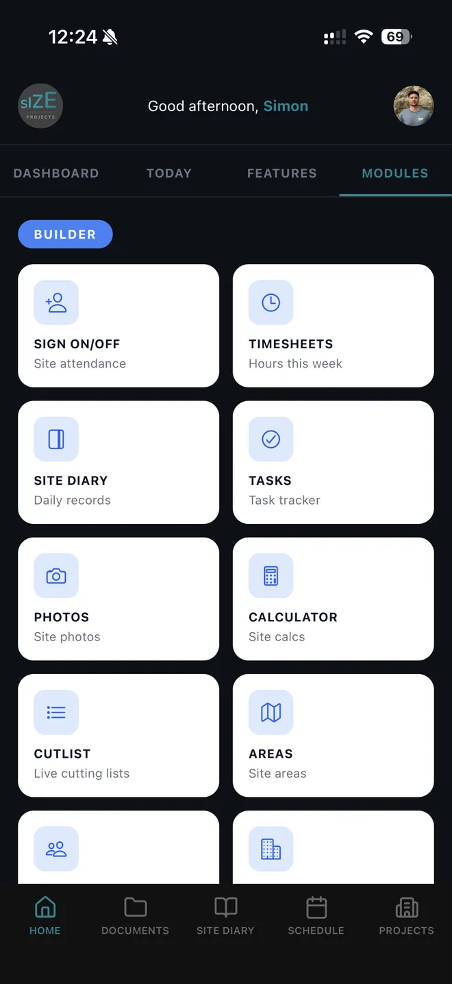 Forgebase module grid showing Sign On/Off, Timesheets, Site Diary, Tasks and more
