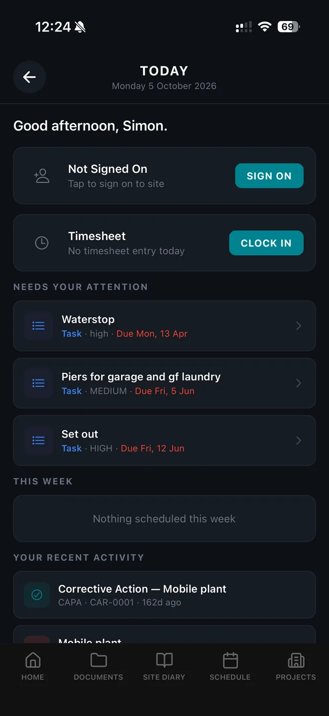 Forgebase Today screen with sign on, timesheet and tasks needing attention